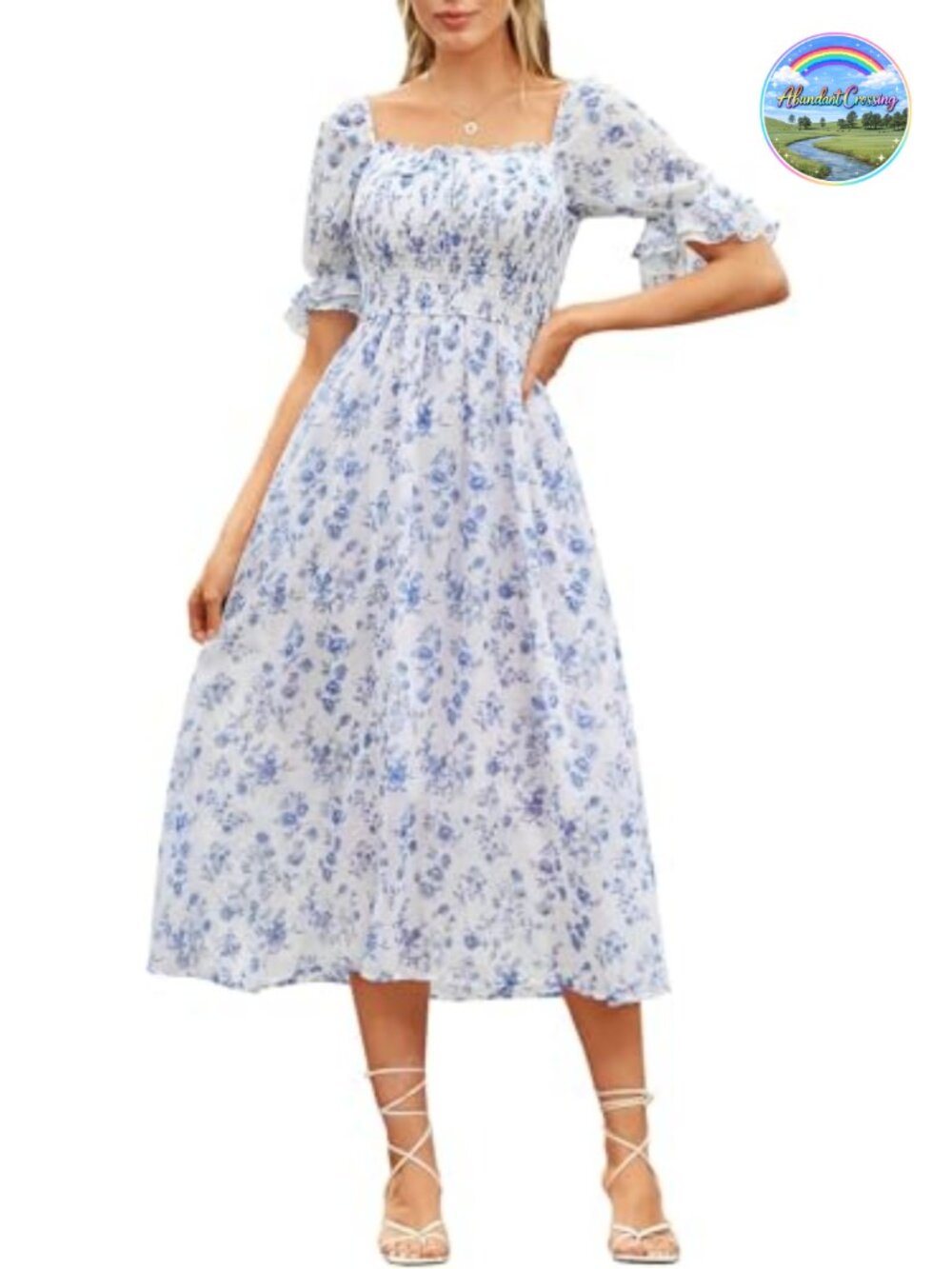Cottagecore Floral Midi Dress with Smocked Bodice and Pockets